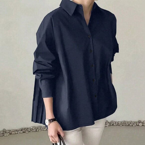 Navy Blue Casual Women's Loose Pleated Oversize Elegant Long-sleeved shirt - Picture 2 of 3